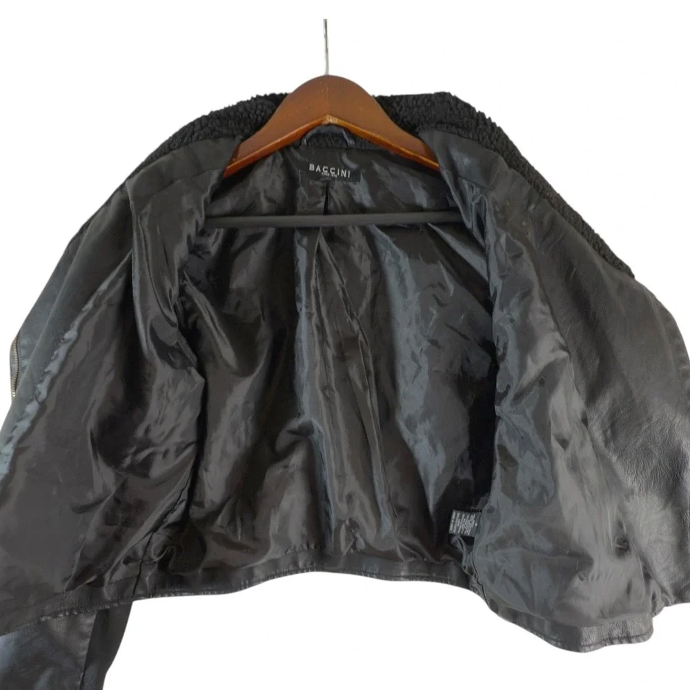 Baccini Black Faux Leather Moto Jacket Cropped Sherpa Collar Asym‎ Zip Womens S
